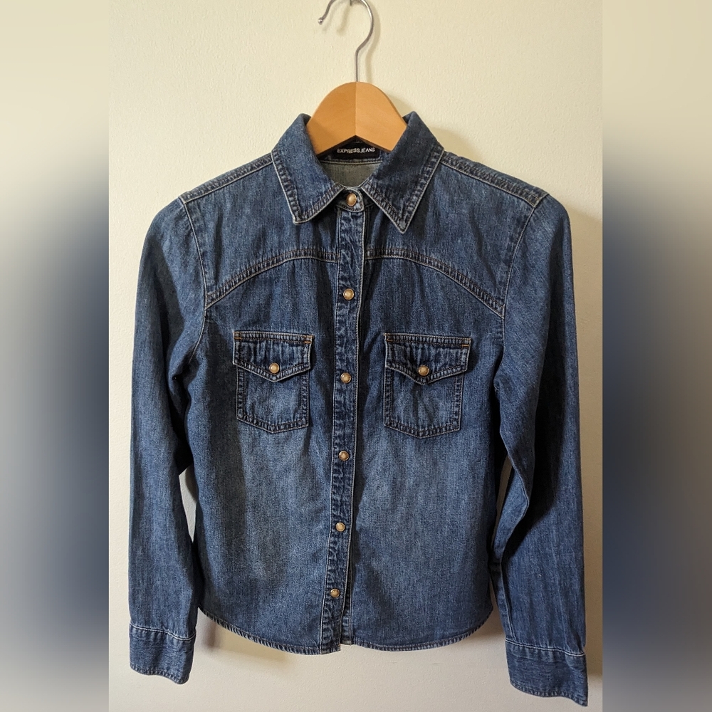 Vintage Express Jeans Women's Medium Wash Denim Cotton Long Sleeves Top. Sz S